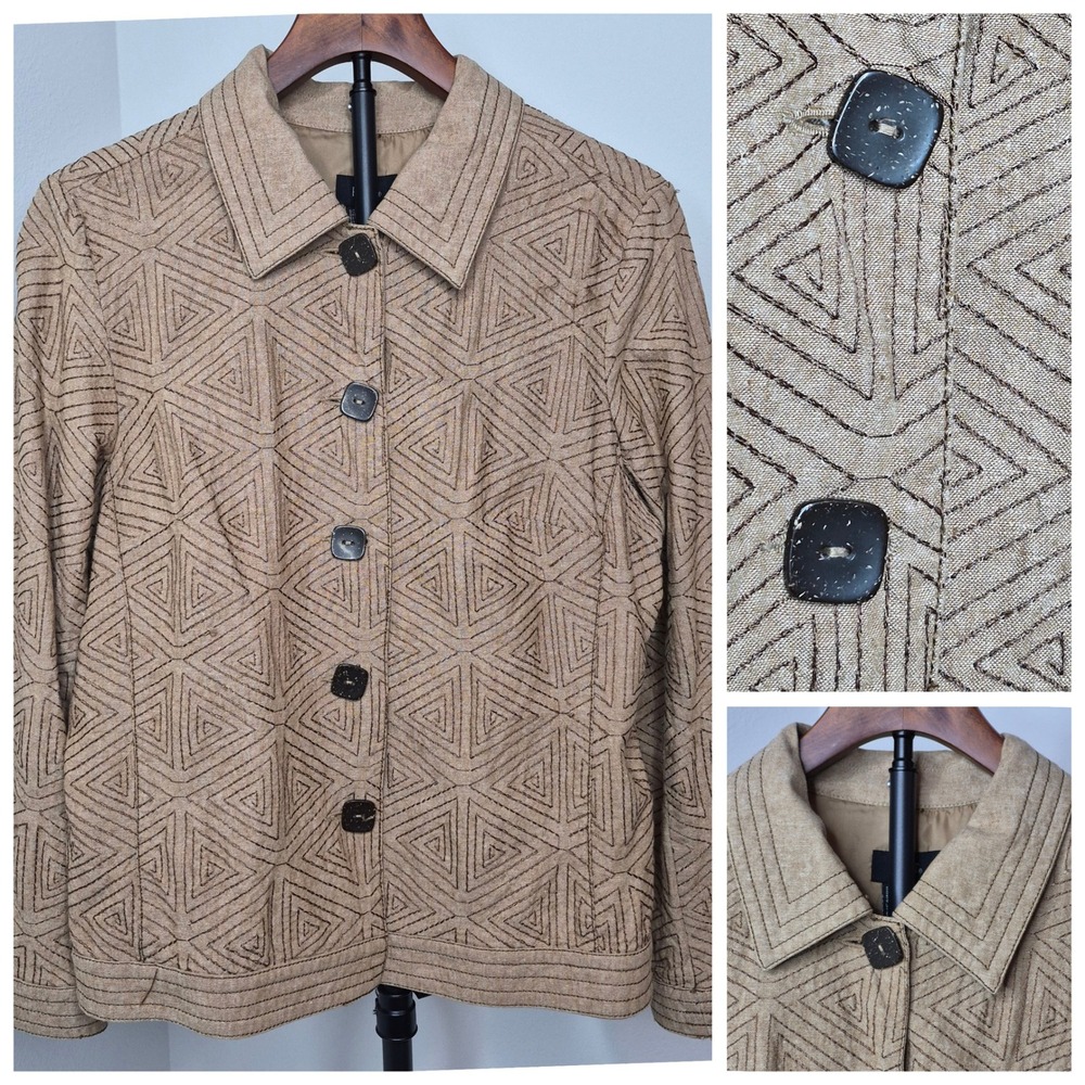 RQT Tan‎ Linen Cotton Embroidered Geometric Triangles Button Front Jacket 12